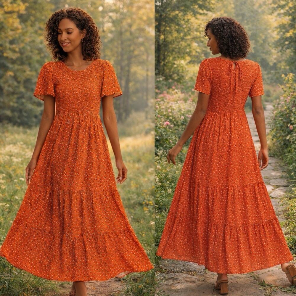 Petallush Orange Floral Smocked‎ Maxi Dress Short Sleeve Tiered L Prairie Boho